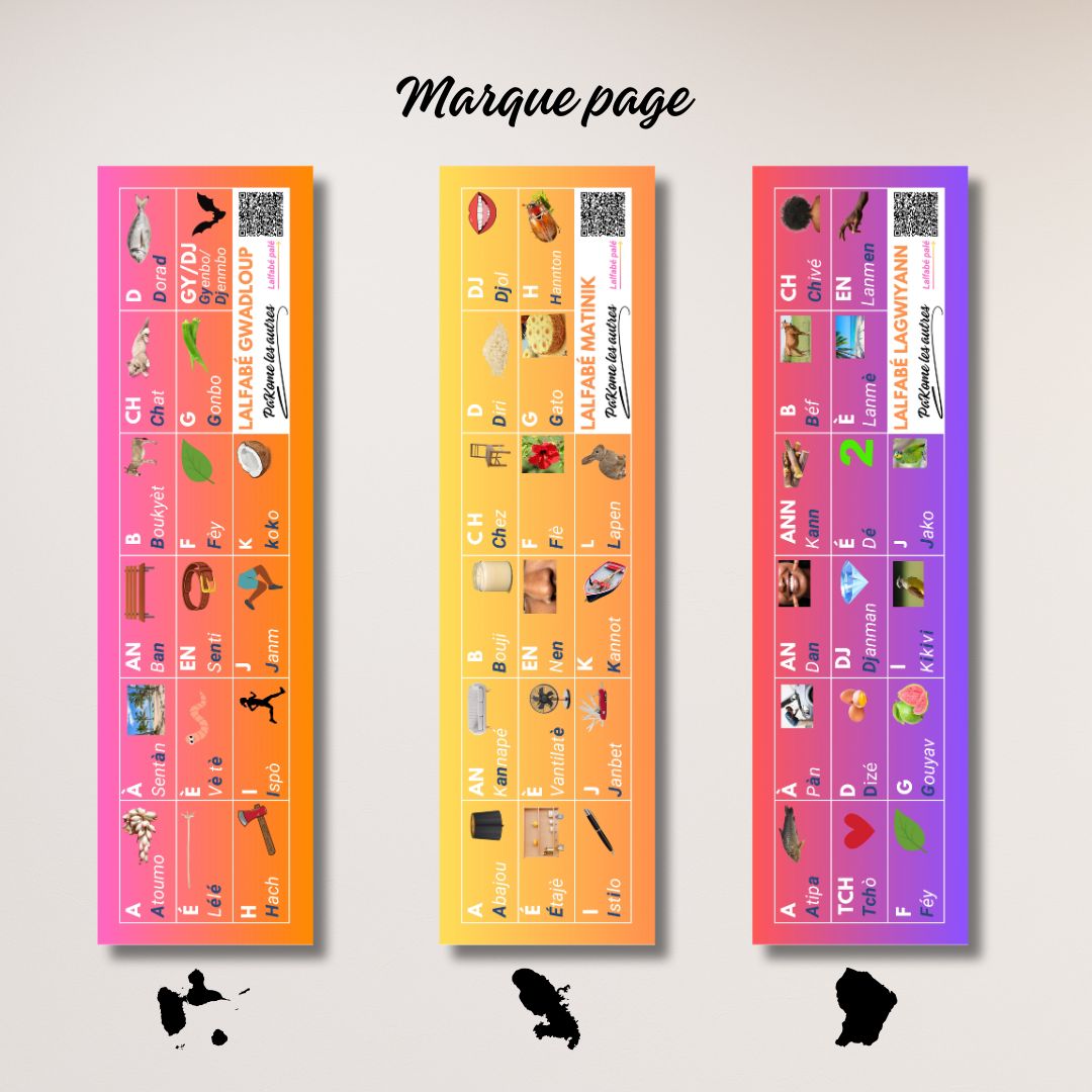 Les trois marque-pages des alphabets créoles de Guadeloupe, Martinique et Guyane
